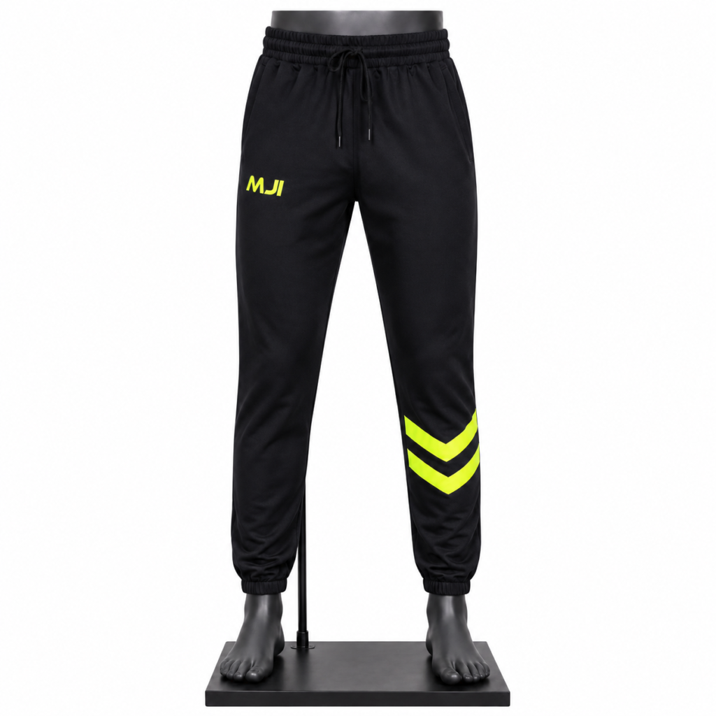Men's Black Jogger Pants with fluorescent yellow chevron details elastic waistband and side pockets