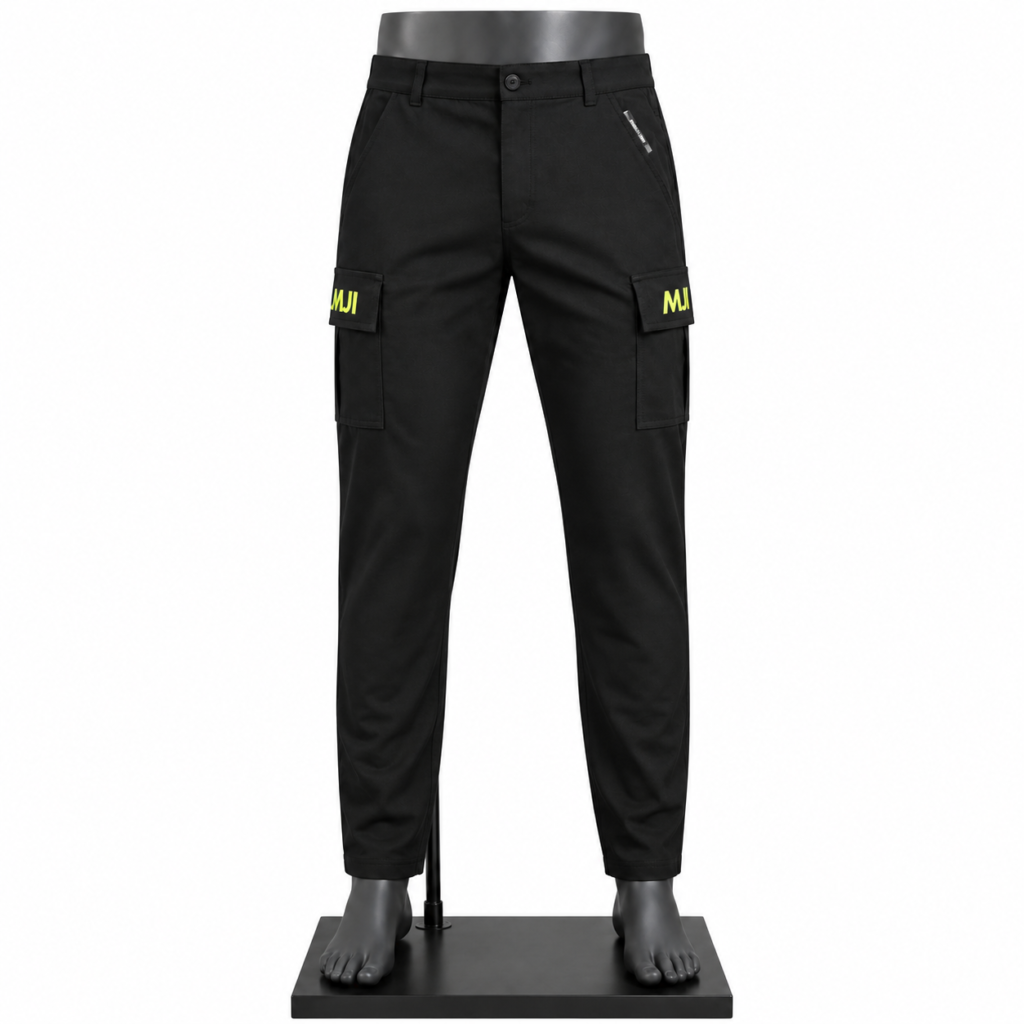 Men's Cargo Pants in black with multiple utility pockets and custom MJI branding