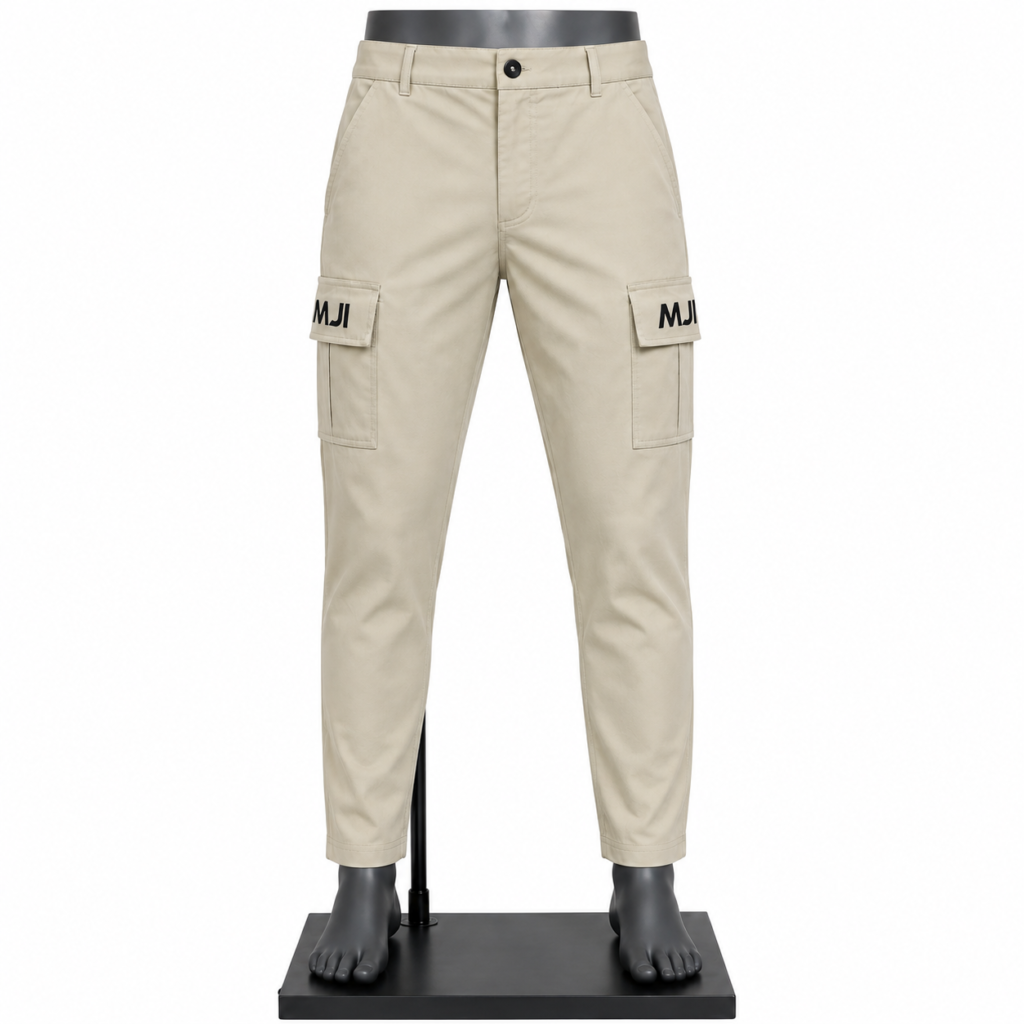 Men's Beige Cargo Pants with multiple utility pockets and custom MJI branding