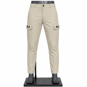 Men's Beige Cargo Pants with multiple utility pockets and custom MJI branding