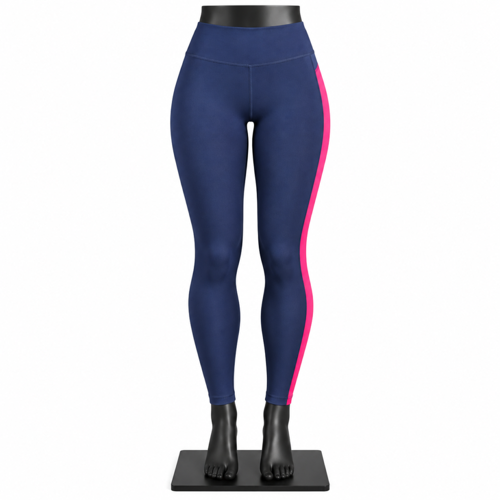 Women's Color Block Leggings in navy blue with pink side panels and high waist
