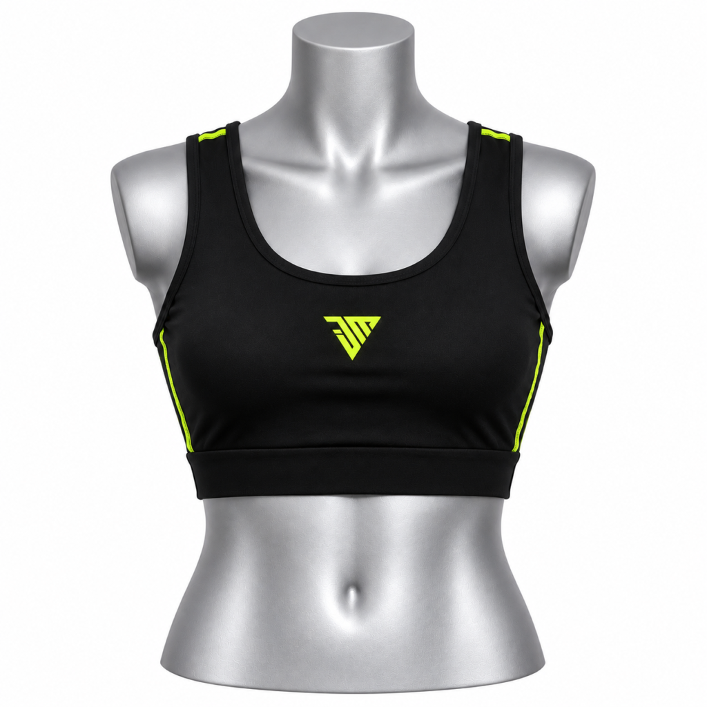 Women's Sports Bra in black with racerback crop top design and neon contrast details