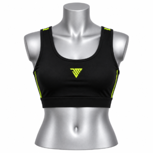 Women's Sports Bra in black with racerback crop top design and neon contrast details