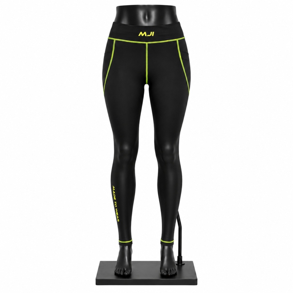 Women's Leggings in black with neon contrast piping and custom MJI branding