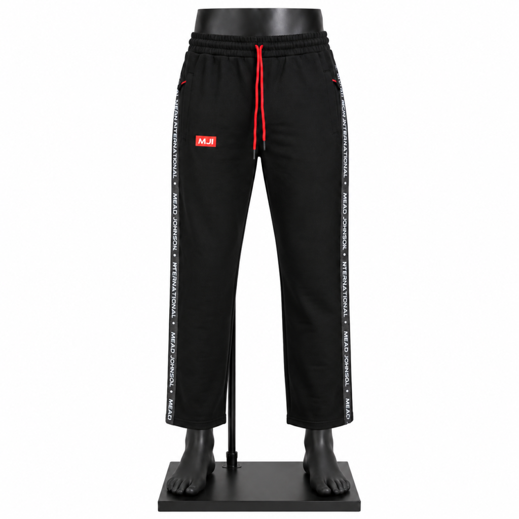 Men's Track Pants in black with straight leg design red drawstring side pockets and custom MJI branding