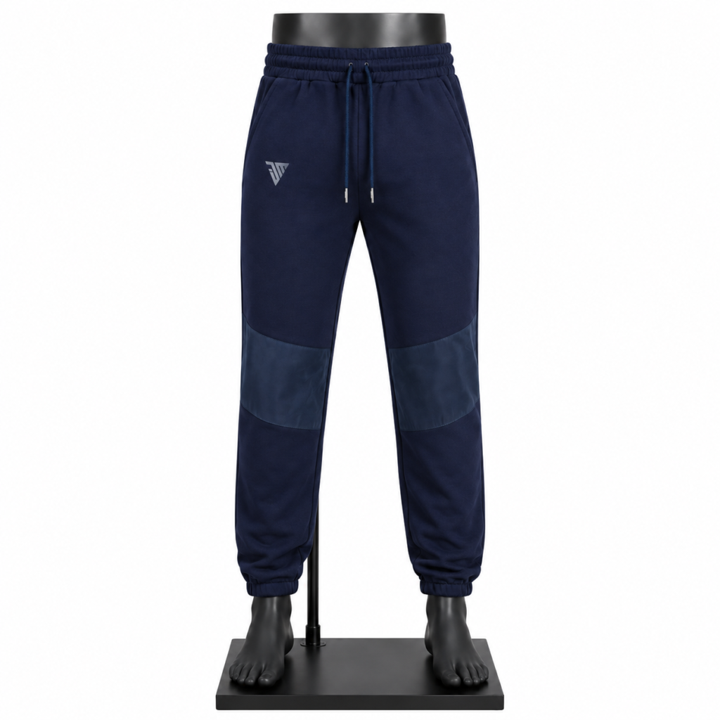Men's Jogger Pants in navy with elastic waistband side pockets contrast panels and ribbed cuffs