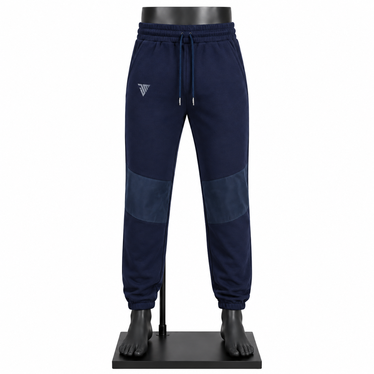 Men's Jogger Pants in navy with elastic waistband side pockets contrast panels and ribbed cuffs