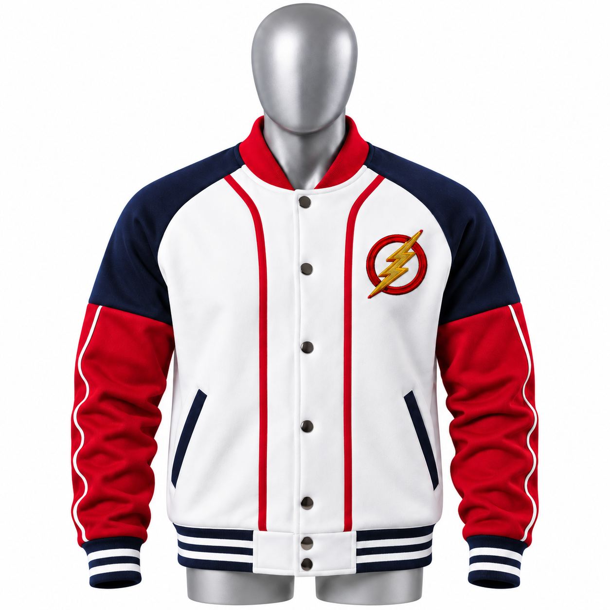 Men's White Varsity Jacket with red sleeves navy panels and custom chest graphic