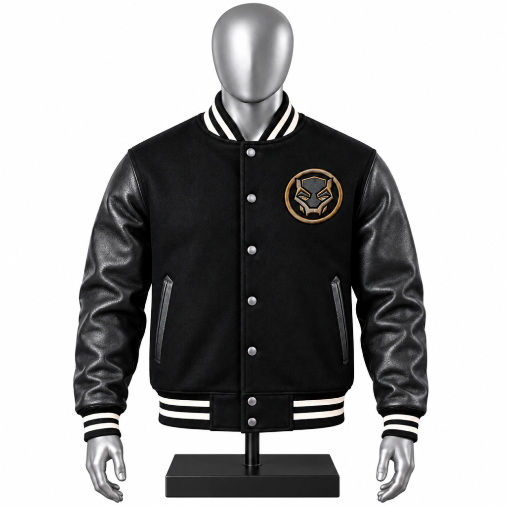 Men's Black Varsity Jacket with leather-look sleeves striped rib details and custom chest patch