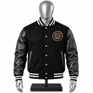 Men's Black Varsity Jacket with leather-look sleeves striped rib details and custom chest patch