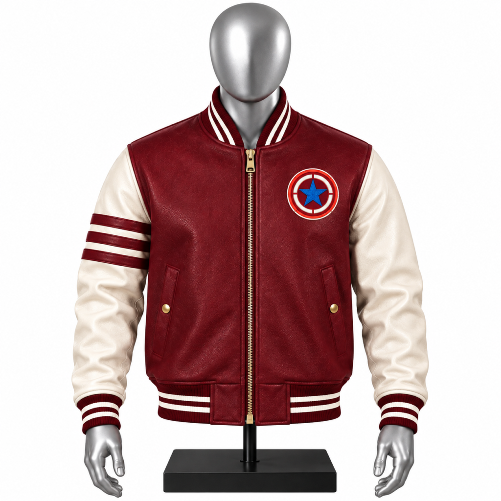 Men's Red Varsity Jacket with cream sleeves striped rib details and custom chest patch