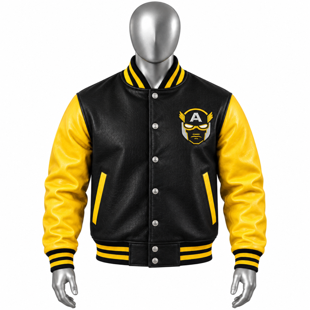 Men's Black & Yellow Varsity Jacket with yellow sleeves and custom chest patch