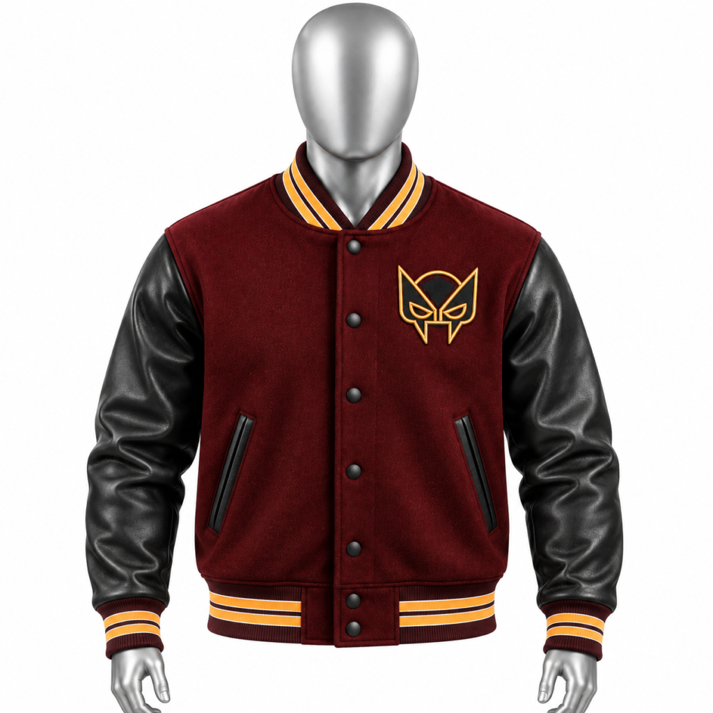 Men's Red & Black Varsity Jacket with black sleeves and custom chest patch