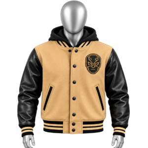 Men's Beige Varsity Jacket with black sleeves hood and custom chest patch