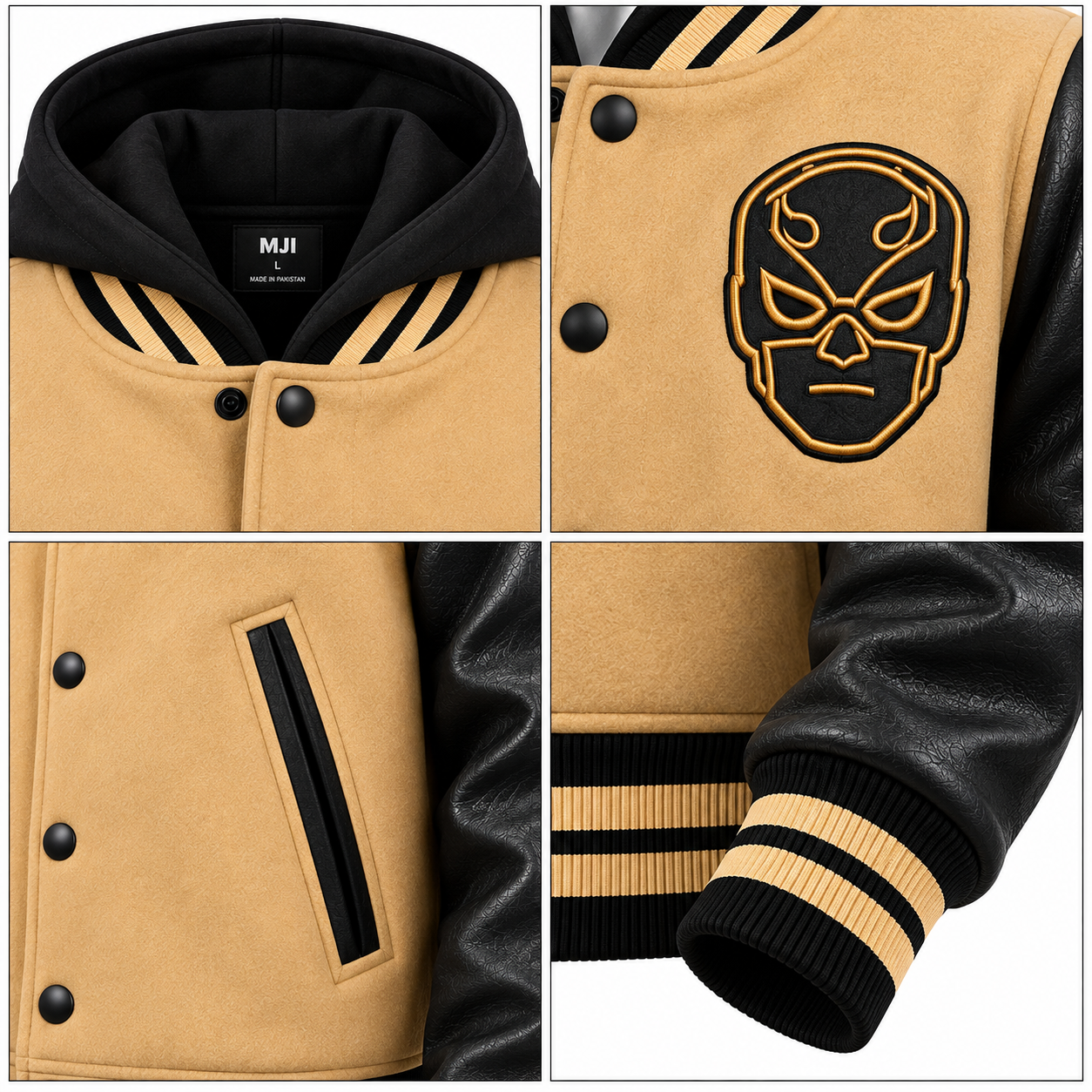 Men's Beige Varsity Jacket – Custom Hooded Letterman Jacket - Image 4
