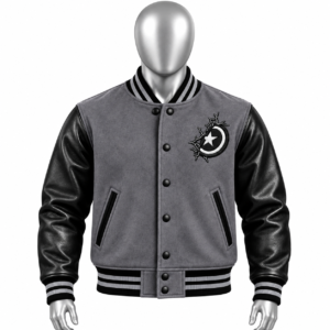 Men's Grey Varsity Jacket with black sleeves striped rib details and custom chest patch