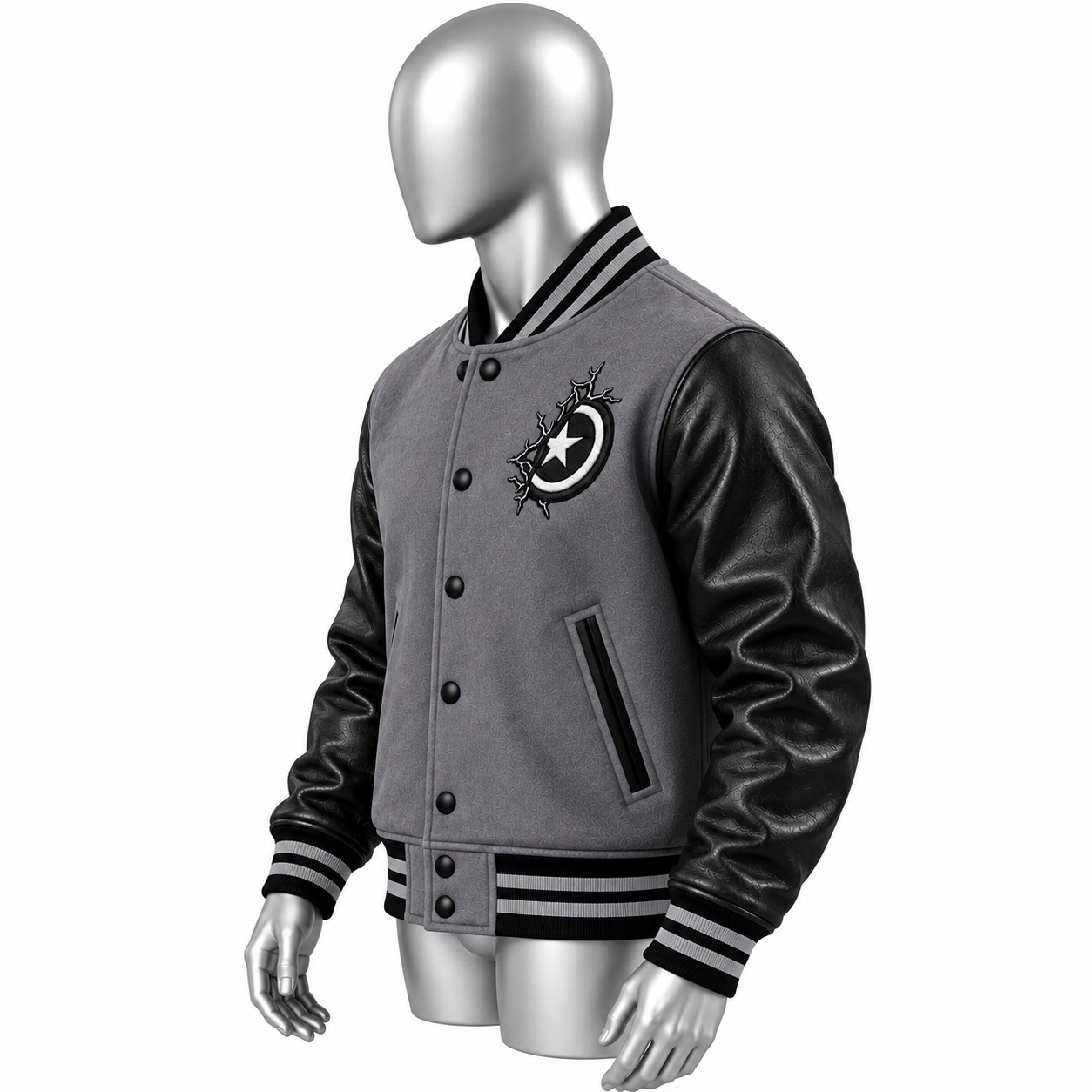 Men's Grey Varsity Jacket – Custom Black Sleeve Letterman Jacket - Image 3