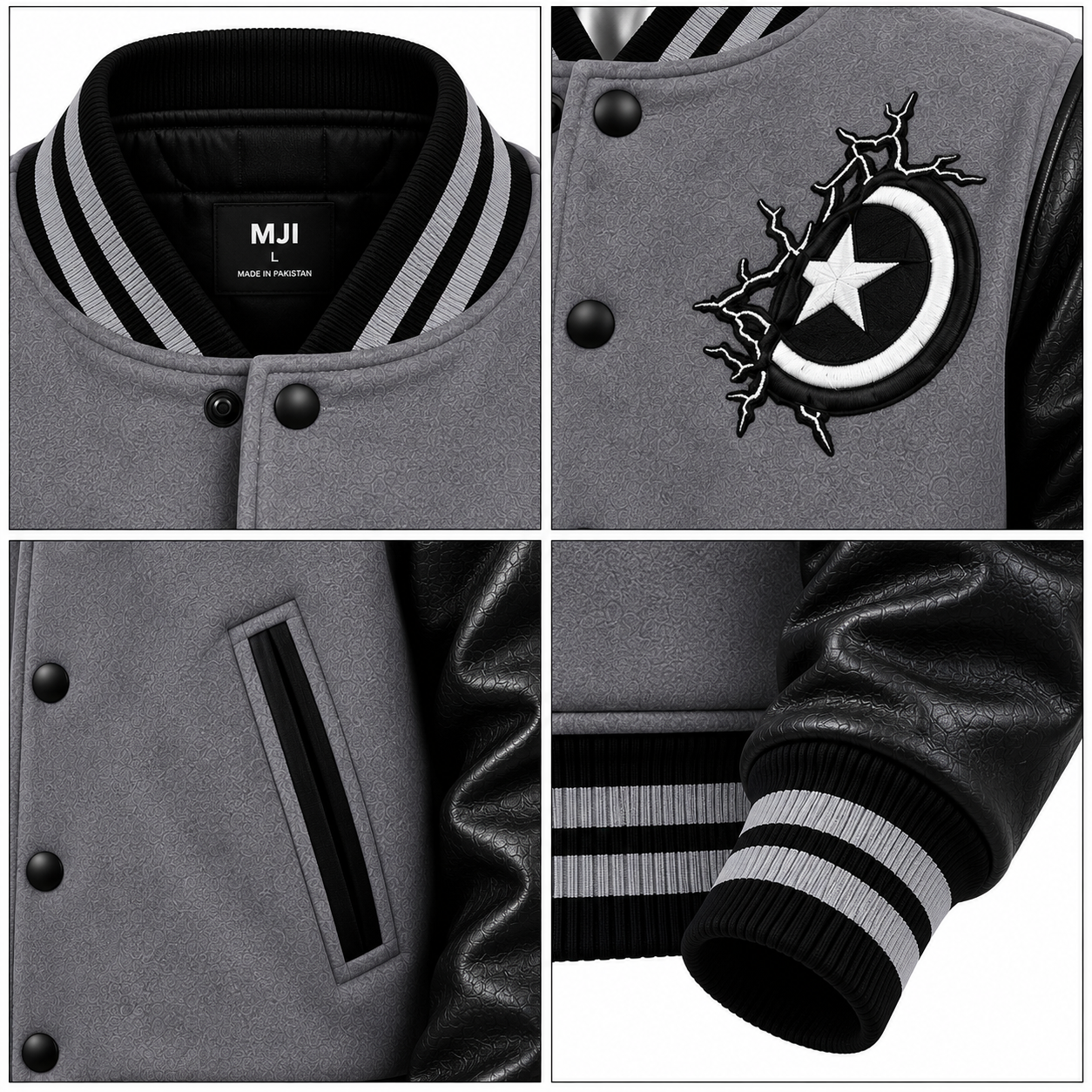 Men's Grey Varsity Jacket – Custom Black Sleeve Letterman Jacket - Image 4
