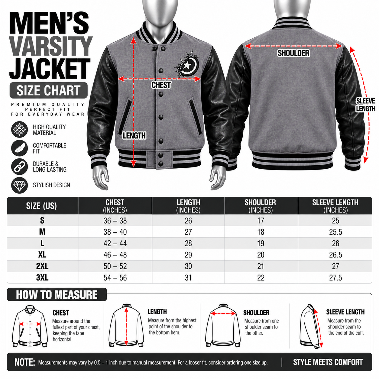 Men's Grey Varsity Jacket – Custom Black Sleeve Letterman Jacket - Image 5