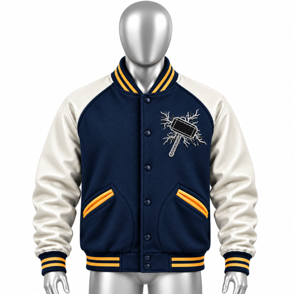 Men's Navy Varsity Jacket with cream sleeves gold striped rib details and custom chest patch