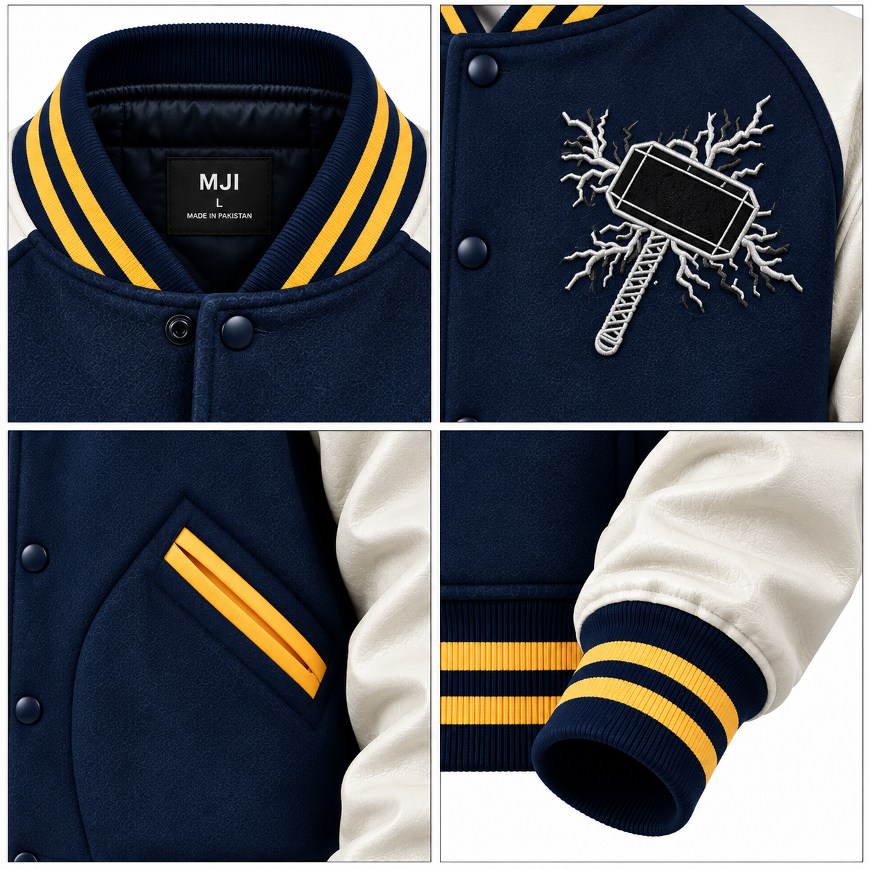 Men's Navy Varsity Jacket – Custom Cream Sleeve Letterman Jacket - Image 4
