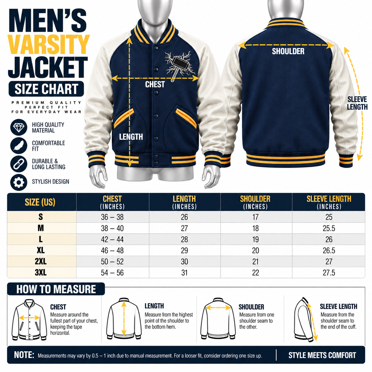 Men's Navy Varsity Jacket – Custom Cream Sleeve Letterman Jacket - Image 5