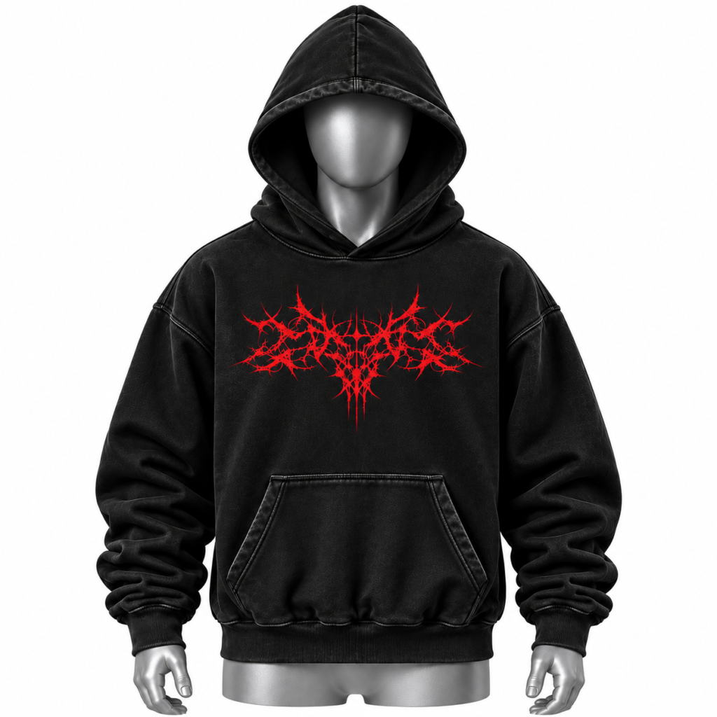 Men's Graphic Hoodie in black with red graphic artwork and kangaroo pocket