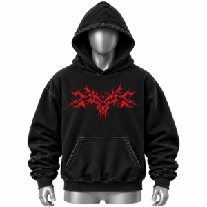 Men's Graphic Hoodie in black with red graphic artwork and kangaroo pocket