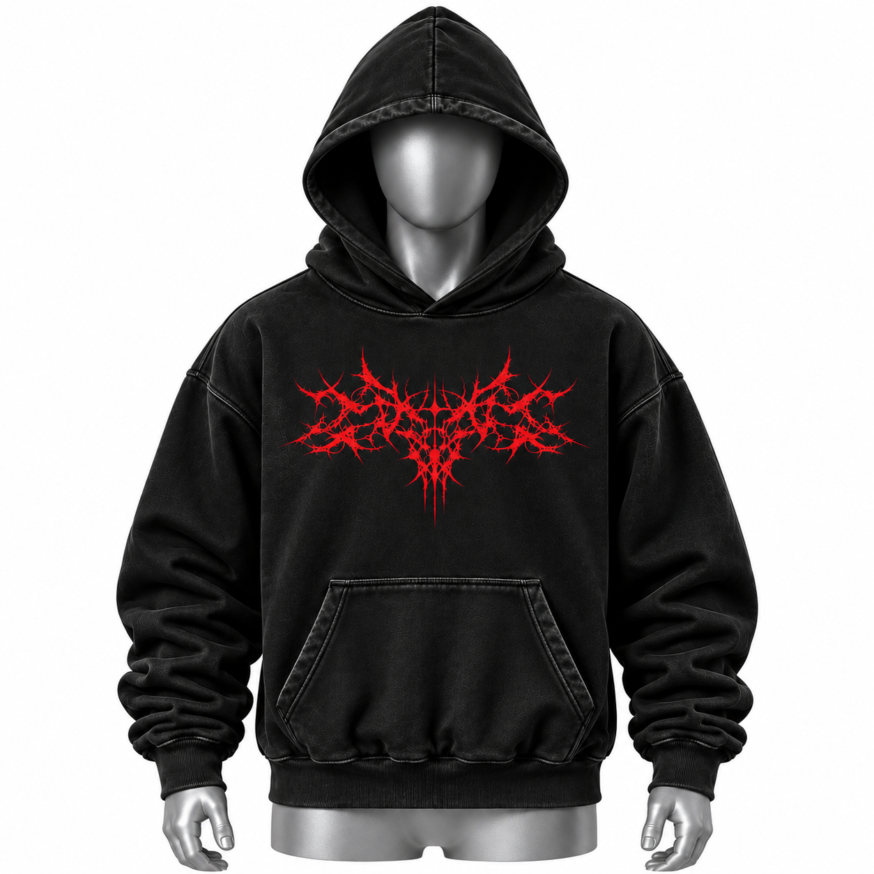 Men's Graphic Hoodie in black with red graphic artwork and kangaroo pocket