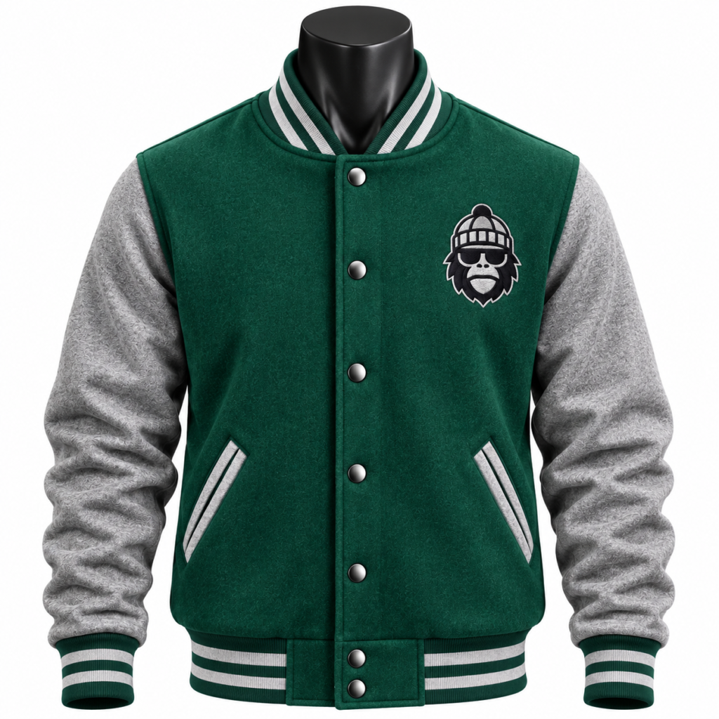 Men's Varsity Jacket in green and grey with striped rib details and custom chest branding