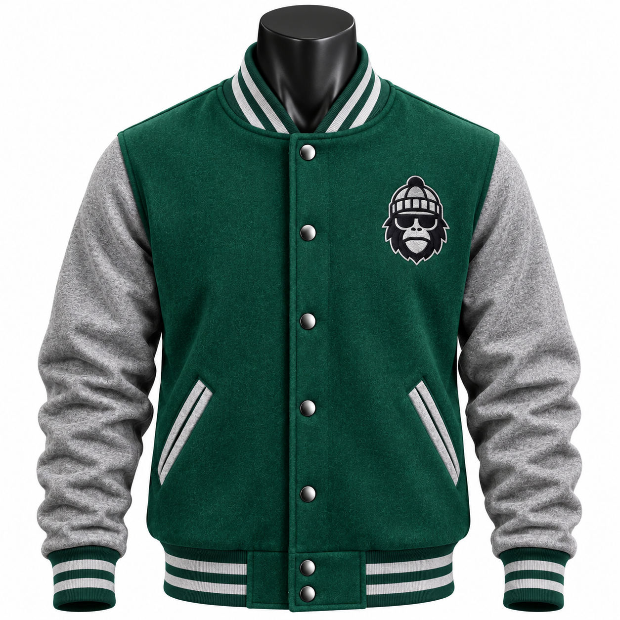 Men's Varsity Jacket in green and grey with striped rib details and custom chest branding