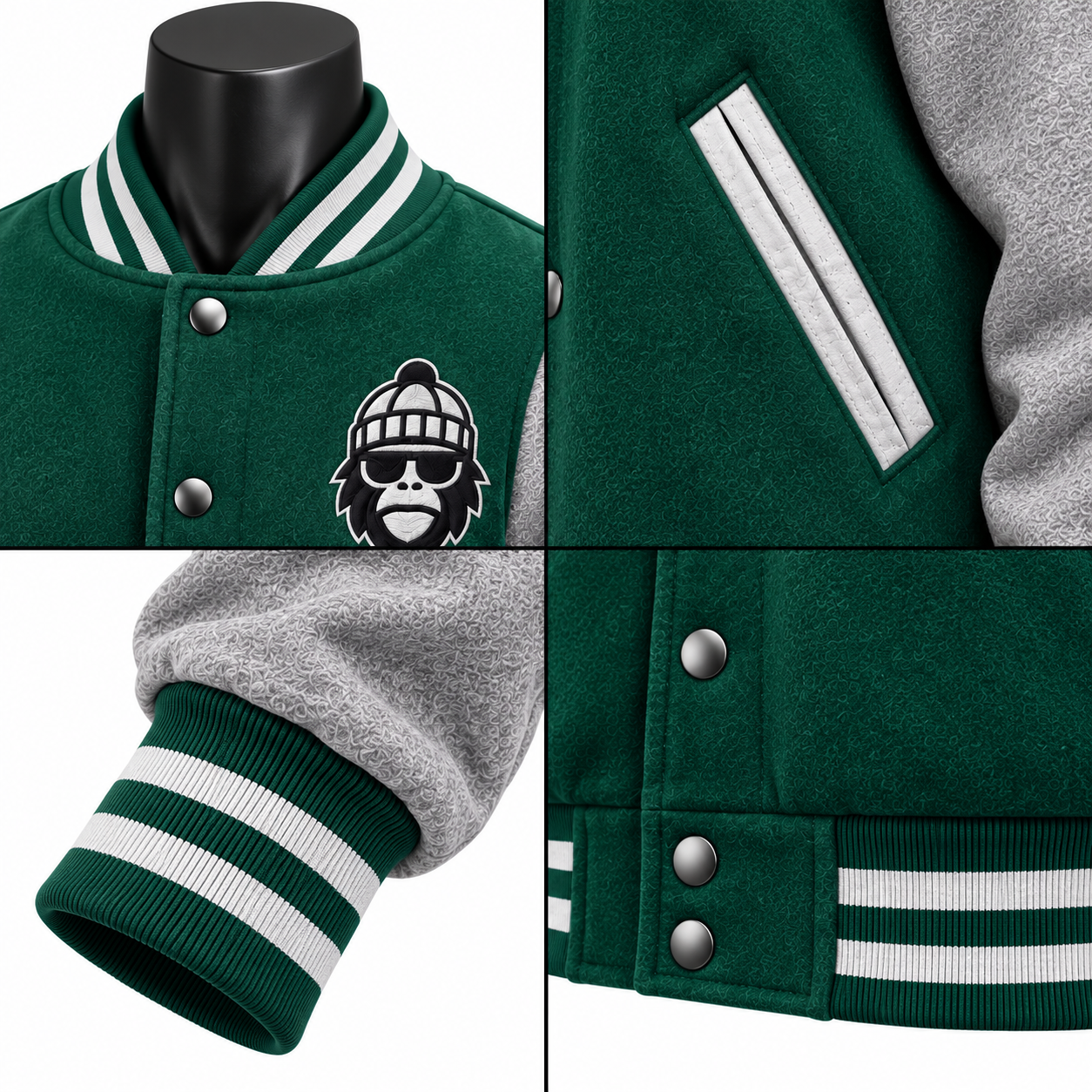 Men's Varsity Jacket – Custom Green & Grey Letterman Jacket - Image 4