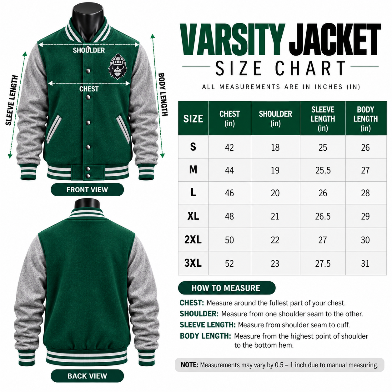 Men's Varsity Jacket – Custom Green & Grey Letterman Jacket - Image 5