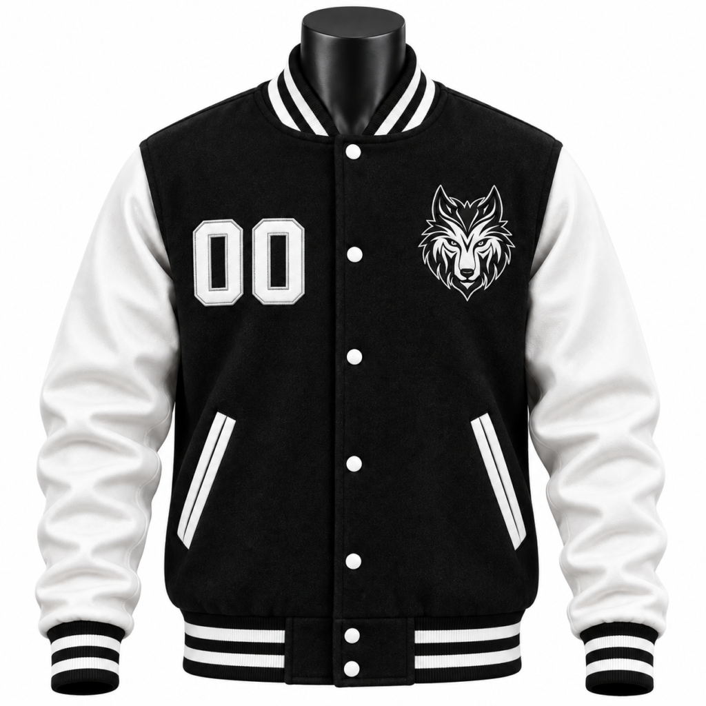 Men's Black Varsity Jacket with white sleeves striped rib details and custom patches