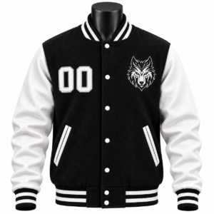 Men's Black Varsity Jacket with white sleeves striped rib details and custom patches