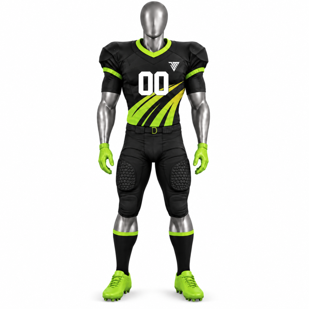 Men's Black American Football Uniform with neon green custom football jersey pants and socks