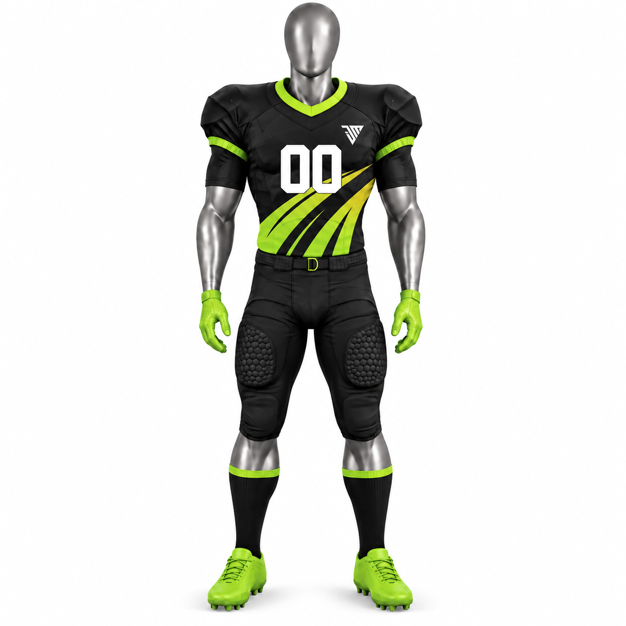 Men's Black American Football Uniform with neon green custom football jersey pants and socks