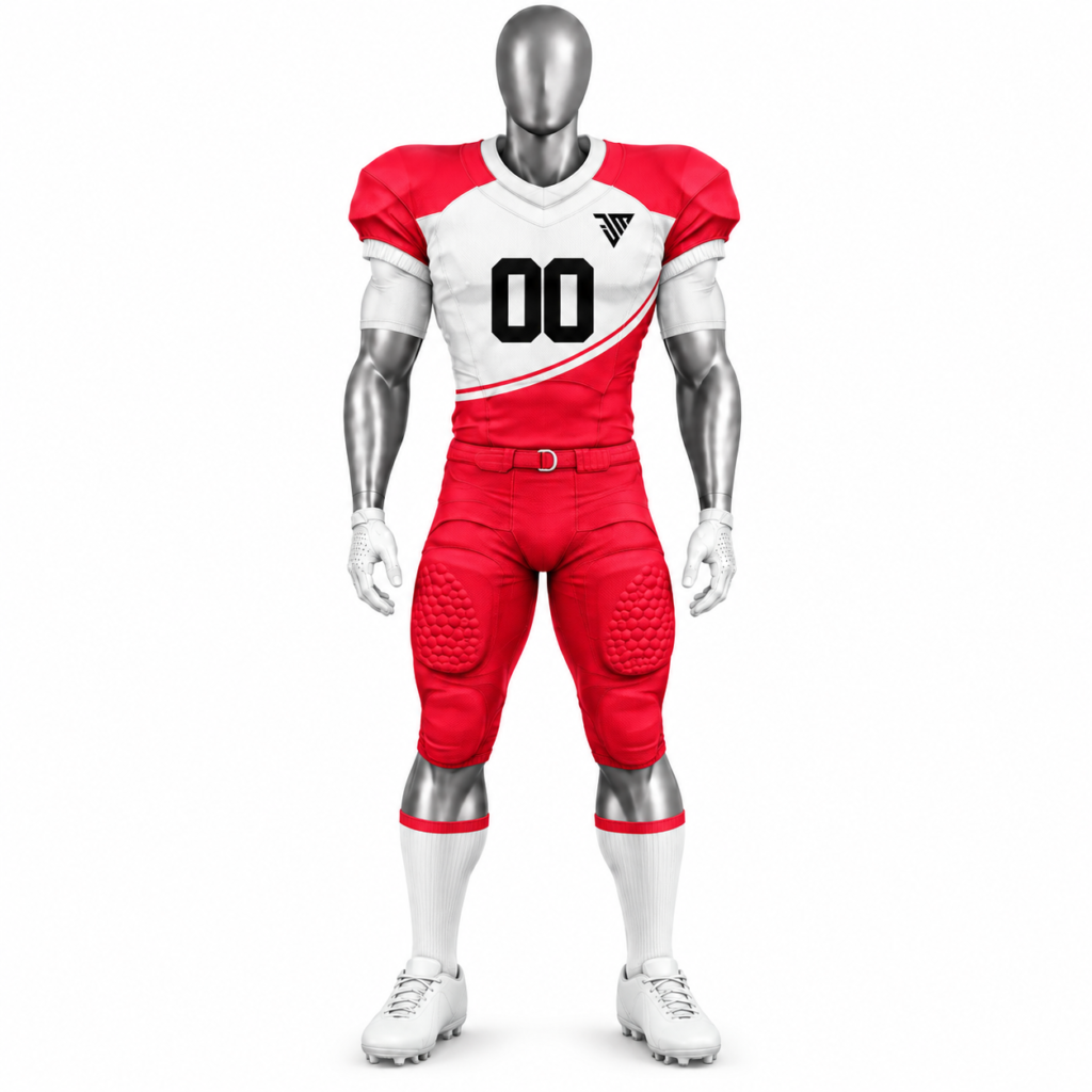 Men's Red White American Football Uniform with custom red and white football jersey and pants