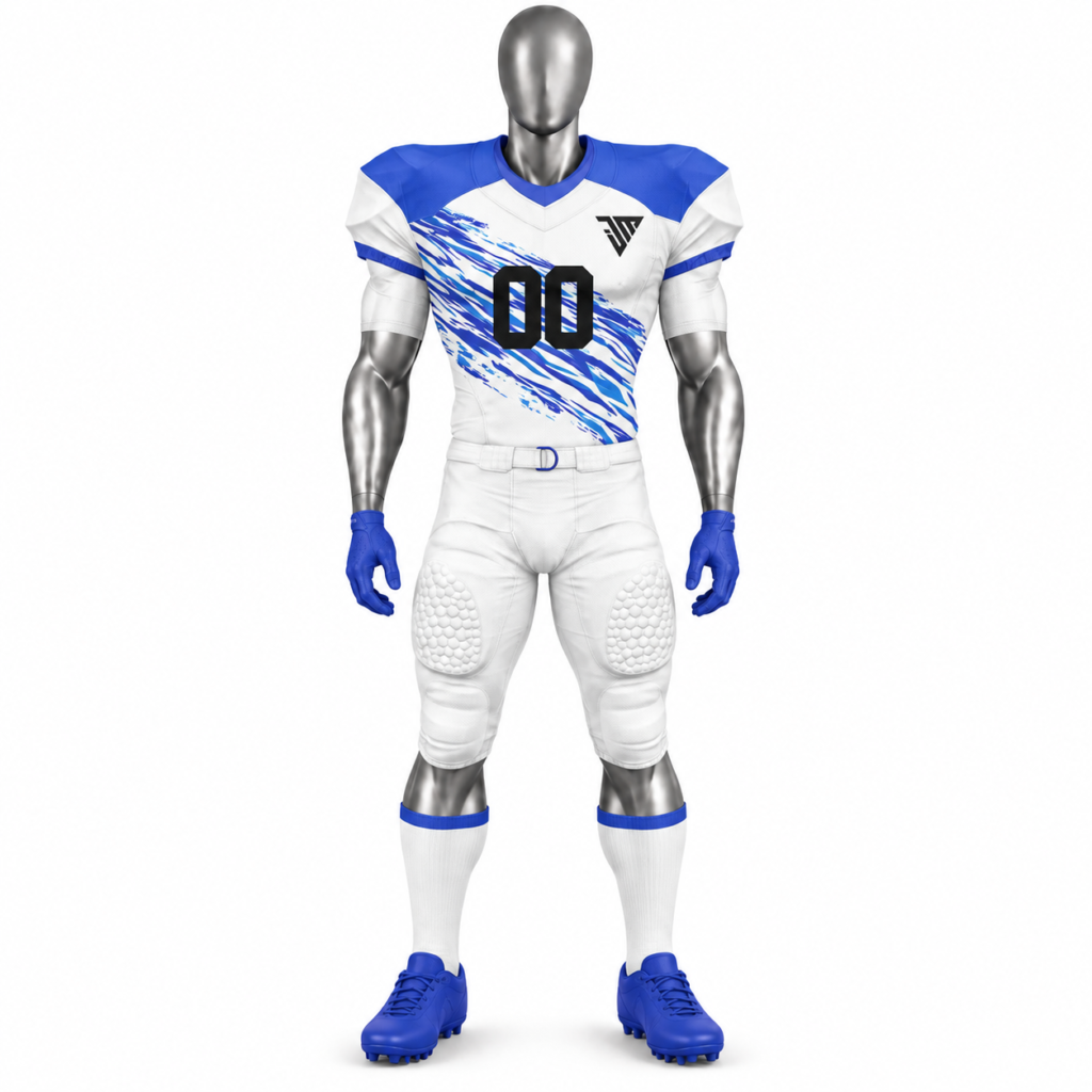 American Football Uniform with custom blue and white football jersey and pants
