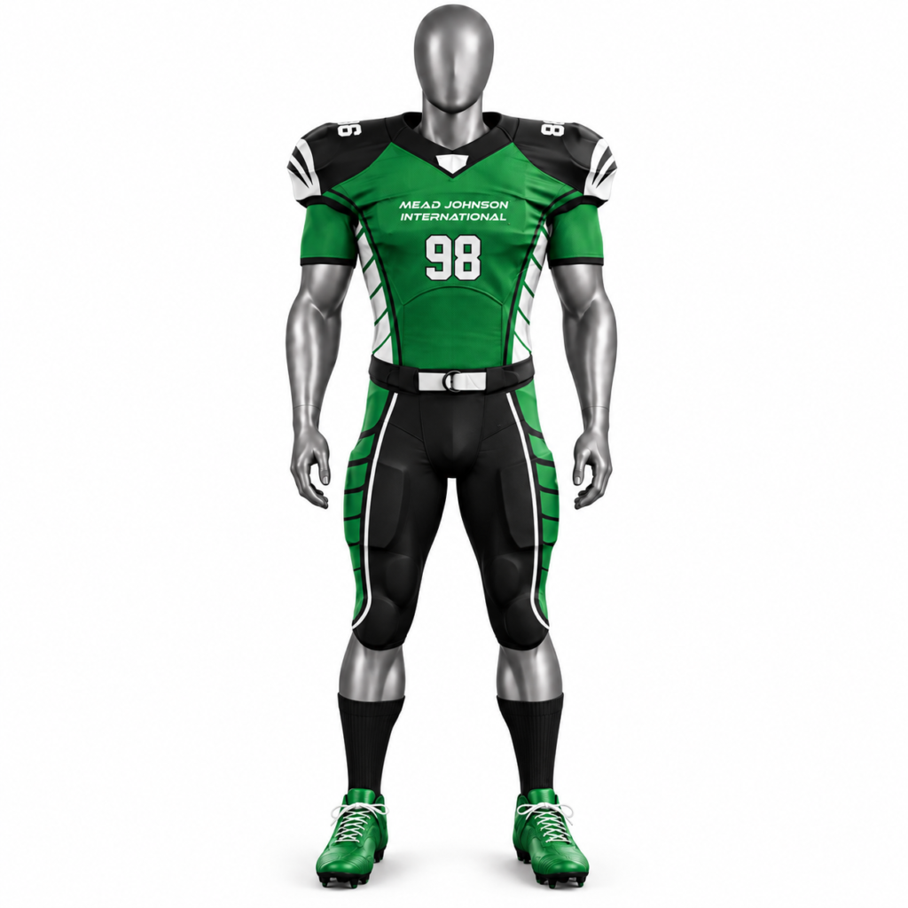 Men's Green American Football Uniform with custom green black football jersey and pants