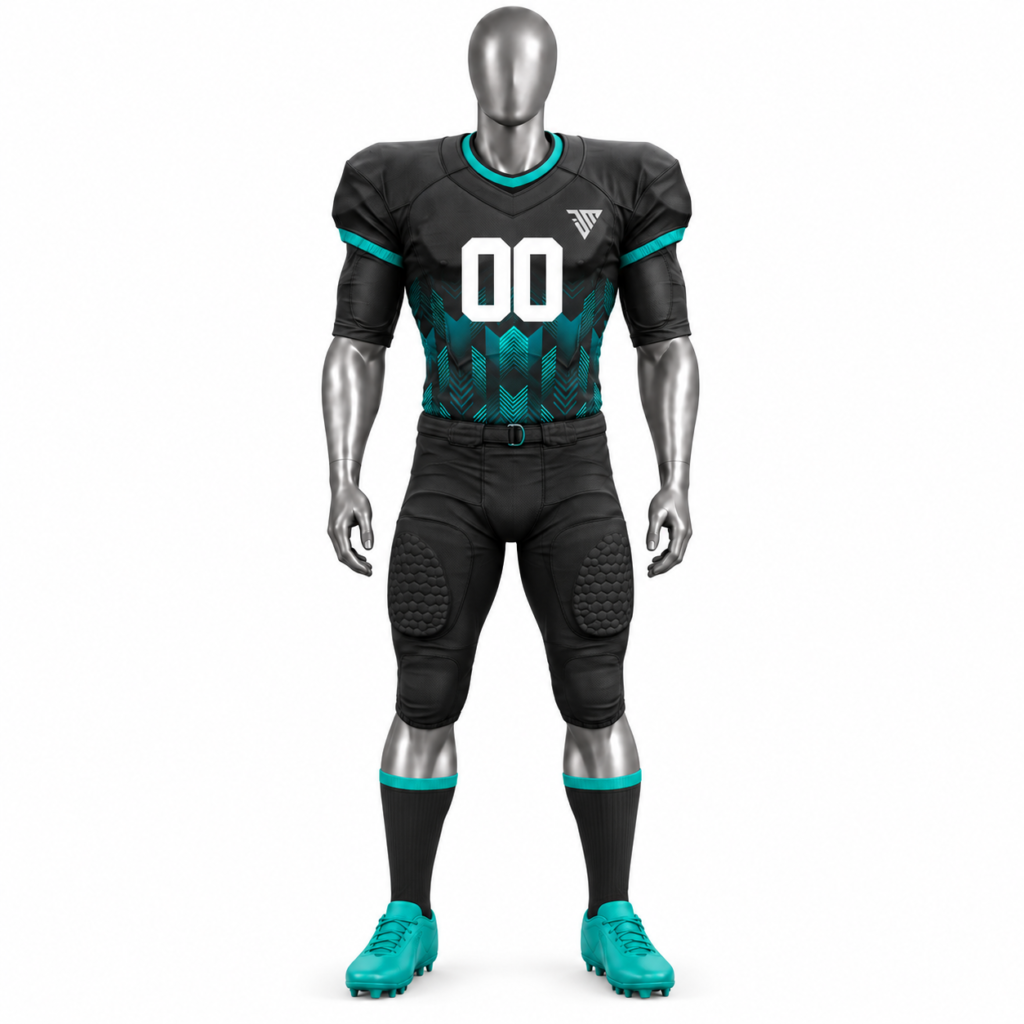 Men's Black American Football Uniform with custom black and teal football jersey and pants