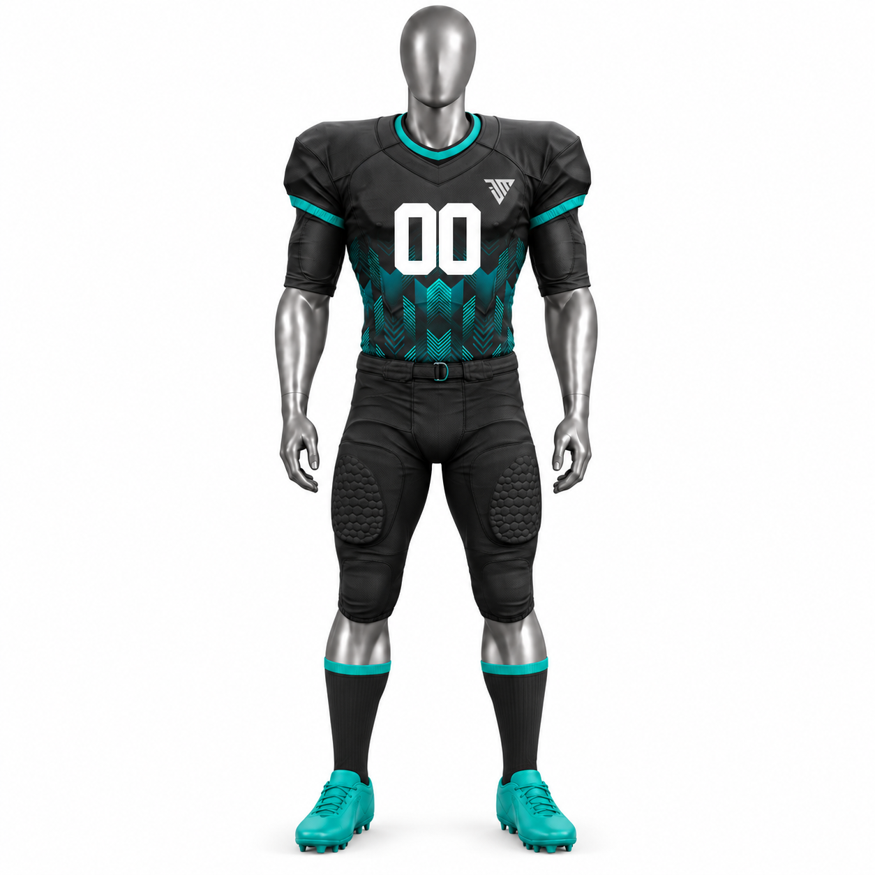 Men's Black American Football Uniform with custom black and teal football jersey and pants
