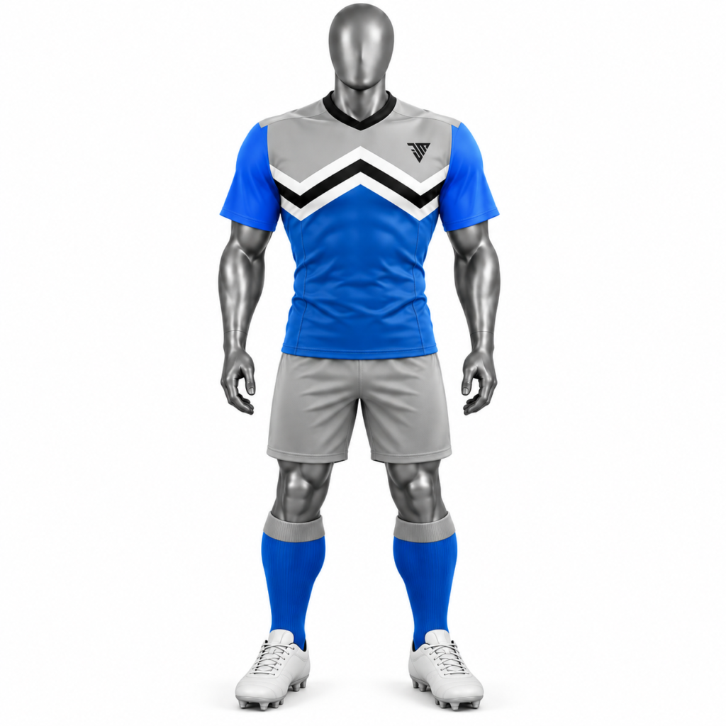 Men's Blue Rugby Uniform with custom blue rugby jersey grey shorts and blue socks