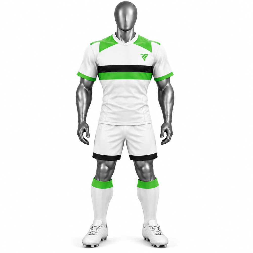 Men's Green Rugby Uniform – Custom Green and White Rugby Teamwear Men's Green Rugby Uniform featuring a clean green and white teamwear design with a white rugby jersey, green shoulder and sleeve detailing, black and green horizontal chest bands, matching white rugby shorts and coordinated white rugby socks with green cuffs. This Men's Green Rugby Uniform is designed as a customizable rugby teamwear option for rugby clubs, schools, universities, academies, leagues, sportswear brands, teamwear suppliers and wholesale buyers. MJI specializes in custom sportswear and Men's Green Rugby Uniform manufacturing for buyers who need personalized rugby apparel. The green and white design shown on this page can be used as a product reference or customized according to your team's colors, logo, artwork, player names and player numbers. Custom Men's Green Rugby Uniform This Men's Green Rugby Uniform combines a white jersey body with bright green shoulder panels, green sleeve details and contrasting black and green horizontal chest bands. The matching white rugby shorts feature black hem detailing, while the coordinated socks continue the green and white team color combination. The design can be customized according to an approved team concept. Buyers can provide their own artwork, team logo, colors, player information and branding requirements for customized rugby uniform production. Custom Green Rugby Jersey The rugby jersey is the main component of this Men's Green Rugby Uniform. The front features a white base with green shoulder sections, green sleeve cuffs and a distinctive black and green horizontal stripe design across the chest. The back of the jersey provides a clear area for player personalization. The supplied design shows a player name and number as a customization example. Teams can provide their own player names and numbers for the final approved artwork. Green and White Rugby Jersey Design The green and white color combination gives this Men's Green Rugby Uniform a clean and recognizable teamwear appearance. Green shoulder detailing contrasts with the white jersey body, while the black and green chest bands add a strong graphic element. Sports teams can keep the same design structure or request changes to colors, graphics, logos and player details according to their own identity. Custom Rugby Shorts The matching rugby shorts complete the Men's Green Rugby Uniform. The shorts shown in the product images use a white base with black detailing around the lower hem. Custom rugby shorts can be coordinated with the jersey design using matching colors, graphics and branding. Buyers can provide a complete size breakdown when requesting a production quotation. Matching Rugby Socks The product design also shows coordinated white rugby socks with green upper cuffs. The socks complement the green shoulder and sleeve details of the jersey and help create a consistent team appearance. If socks are required as part of the final order, buyers should confirm the required quantity, sizes, colors and specifications with MJI before production. Men's Green Rugby Uniform for Rugby Clubs This Men's Green Rugby Uniform is suitable for rugby clubs looking for coordinated custom teamwear. Club logos, team colors, player names and player numbers can be incorporated according to the approved design requirements. For club orders, buyers can provide the total quantity, individual player sizes and customization details together with the approved artwork. Men's Green Rugby Uniform for Schools and Universities Schools, colleges and universities can use this Men's Green Rugby Uniform as a reference for customized rugby team apparel. The green and white design can be adapted to match official school or university colors. Team logos, player names, numbers and approved graphics can be included according to the final design requirements. A complete team size breakdown can also be supplied for production planning. Men's Green Rugby Uniform for Academies and Leagues Rugby academies, organized leagues and training organizations can develop custom teamwear using this Men's Green Rugby Uniform as a reference design. Different organizations can customize the colors, graphics and branding while maintaining a coordinated rugby jersey and shorts structure. Custom Rugby Teamwear This Men's Green Rugby Uniform can be developed as part of a complete custom rugby teamwear collection. Coordinated rugby jerseys, shorts and socks can help teams maintain a consistent visual identity across their squad. MJI works with buyers seeking customized sportswear for rugby clubs, schools, universities, academies, leagues, sportswear companies and teamwear businesses. Wholesale Men's Green Rugby Uniform MJI provides wholesale Men's Green Rugby Uniform manufacturing for sportswear brands, distributors, teamwear suppliers and wholesale buyers. Wholesale buyers can submit the required quantity, size breakdown, colors, artwork, logos and branding requirements when requesting a quotation. This allows the production requirements to be reviewed according to the specific project. Private Label Men's Green Rugby Uniform Brands looking for private label Men's Green Rugby Uniform production can customize the design according to their own brand identity. Approved logos, labels, graphics, colors and branding details can be incorporated according to the agreed product specifications. Private label production can be suitable for sportswear brands, teamwear suppliers and distributors. OEM Men's Green Rugby Uniform Manufacturing MJI supports OEM Men's Green Rugby Uniform manufacturing for buyers who already have their own rugby uniform design, artwork or technical specifications. Buyers can provide their preferred colors, logos, measurements, player information, artwork and branding requirements. The supplied specifications can then be reviewed for customized production. ODM Men's Green Rugby Uniform Development For buyers interested in ODM Men's Green Rugby Uniform development, the green and white design shown on this page can be used as a reference for creating a customized rugby teamwear collection. Design elements such as colors, graphic bands, logos and player customization can be adapted according to the buyer's approved concept. Men's Green Rugby Uniform Size Chart The supplied Men's Green Rugby Uniform size chart provides jersey and rugby shorts measurements from S through XXL. Measurements are provided in both centimeters and inches. Rugby Jersey Size Chart Size Chest CM Chest IN Length CM Length IN Shoulder CM Shoulder IN Sleeve CM Sleeve IN S 92 36.2 68 26.8 42 16.5 20 7.9 M 96 37.8 70 27.6 44 17.3 21 8.3 L 100 39.4 72 28.3 46 18.1 22 8.7 XL 104 40.9 74 29.1 48 18.9 23 9.1 XXL 108 42.5 76 29.9 50 19.7 24 9.4 Rugby Shorts Size Chart Size Waist CM Waist IN Hip CM Hip IN Length CM Length IN S 68 26.8 100 39.4 42 16.5 M 72 28.3 104 40.9 44 17.3 L 76 29.9 108 42.5 46 18.1 XL 80 31.5 112 44.1 48 18.9 XXL 84 33.1 116 45.7 50 19.7 How to Measure a Men's Green Rugby Uniform Accurate measurements are important when ordering a Men's Green Rugby Uniform for a complete team. Use the supplied size chart and compare measurements with a suitable garment before finalizing the size breakdown. Chest: Measure around the fullest part of the chest while keeping the measuring tape level. Jersey Length: Measure from the highest point of the shoulder to the bottom of the jersey. Shoulder: Measure from one shoulder point to the other across the garment. Sleeve Length: Measure from the shoulder seam to the end of the sleeve. Waist: Measure around the natural waist. Shorts Length: Measure from the top of the waistband to the bottom of the shorts. Hip: Measure around the fullest part of the hips. Height: For overall team sizing, height can also be considered together with garment measurements. Custom Rugby Player Names and Numbers The back of this Men's Green Rugby Uniform shows a player name and number as a customization example. Rugby teams can provide their own player names and numbers for the final approved artwork. Player personalization allows each jersey to carry individual team information while maintaining the same overall design, color scheme and branding throughout the squad. Men's Green Rugby Uniform Manufacturer MJI provides Men's Green Rugby Uniform manufacturing for rugby clubs, schools, universities, academies, leagues, sportswear brands, teamwear suppliers and wholesale buyers. Buyers can provide their own artwork, logo, color references, size breakdown, player information and branding requirements for customized rugby production. Explore additional custom sportswear products through the MJI Products page. Learn more about product development and manufacturing through the MJI Production Process page. Custom Rugby Jersey Manufacturer MJI supports custom rugby jersey manufacturing for buyers who need personalized rugby teamwear. The green and white jersey shown on this page can be used as a reference or customized according to an approved team design. For a quotation, buyers should provide the required quantity, sizes, colors, logo, artwork and player customization requirements. Wholesale Rugby Kit Manufacturer This Men's Green Rugby Uniform can be developed as a wholesale rugby kit for sportswear businesses, teamwear suppliers and distributors. The green and white design can be customized with different colors, graphics, logos and player details according to the buyer's approved product specifications. Rugby Teamwear for Sportswear Brands Sportswear brands can use this Men's Green Rugby Uniform as a reference for developing a customized rugby teamwear collection. The green, white and black color combination can be retained or changed to match a brand's preferred visual identity. Private label, OEM and ODM requirements can be developed according to the buyer's approved specifications. Rugby Clothing Requirements Teams participating in organized rugby competitions should always confirm the latest clothing requirements applicable to their competition. World Rugby publishes official information regarding permitted player clothing. For reference, review the official World Rugby Law 4 permitted clothing requirements. This informational reference does not mean that this product is World Rugby tested, certified or approved. Green White Rugby Uniform Design The green and white color combination gives this Men's Green Rugby Uniform a clean and distinctive teamwear appearance. The white jersey, green shoulder sections, black and green chest bands, white shorts and green-accented socks create a coordinated rugby kit. The same design concept can be customized for different clubs, schools, universities, academies, leagues and sportswear brands. Custom Rugby Uniform for Teams A customized Men's Green Rugby Uniform allows rugby teams to create a consistent visual identity across their squad. Team colors, logos, graphics, player names and numbers can be customized according to the approved design. Custom rugby teamwear is suitable for organized clubs, educational institutions, academies, leagues, sportswear companies and teamwear suppliers. Request a Men's Green Rugby Uniform Quote If you are sourcing a Men's Green Rugby Uniform for a rugby club, school, university, academy, league or sportswear business, send MJI your logo, artwork, preferred colors, quantity and complete size breakdown. MJI can review requirements for custom rugby uniforms, custom rugby jerseys, rugby shorts, rugby teamwear, wholesale rugby uniforms, private label rugby kits, OEM rugby uniforms and ODM sportswear. Contact MJI today to start your custom rugby teamwear project.