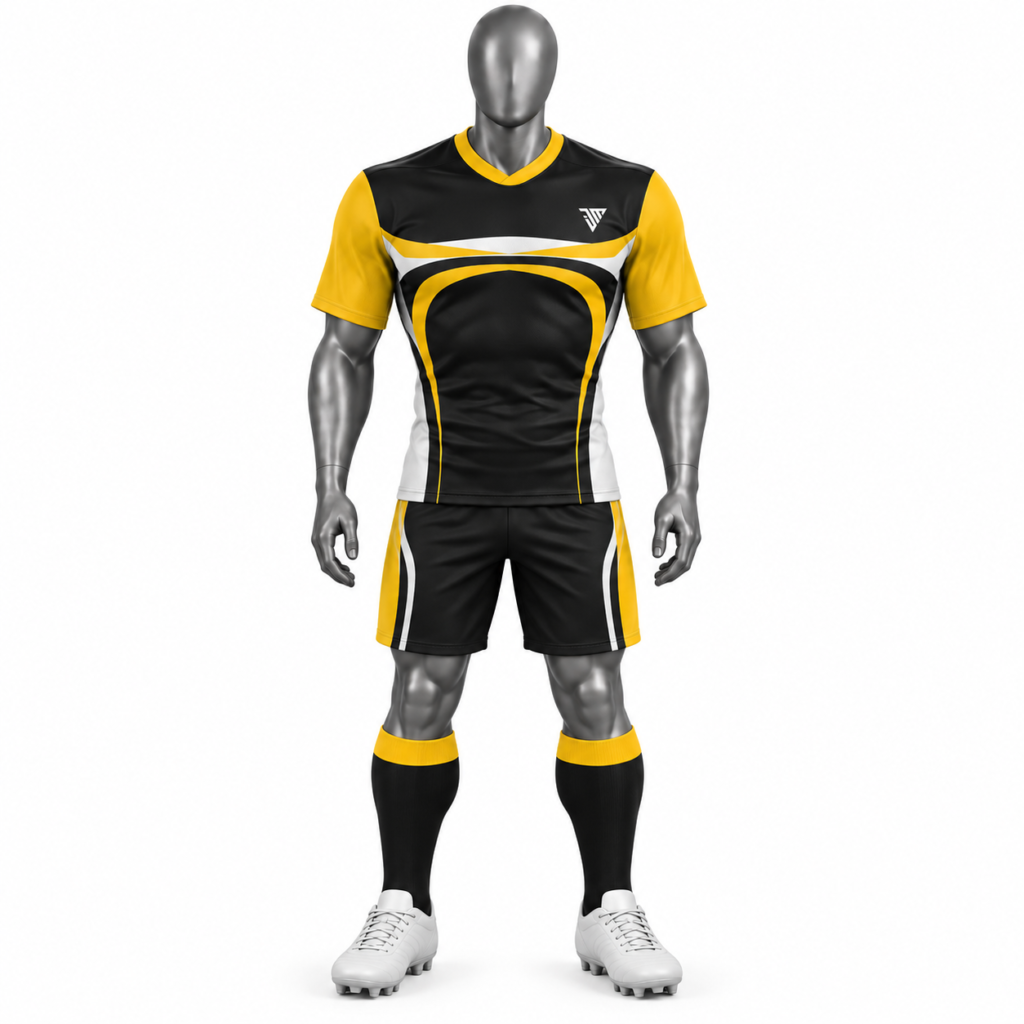 Men's Rugby Uniform with custom black and yellow rugby jersey shorts and socks