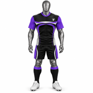 Men's Rugby Uniform with custom black and purple rugby jersey and shorts