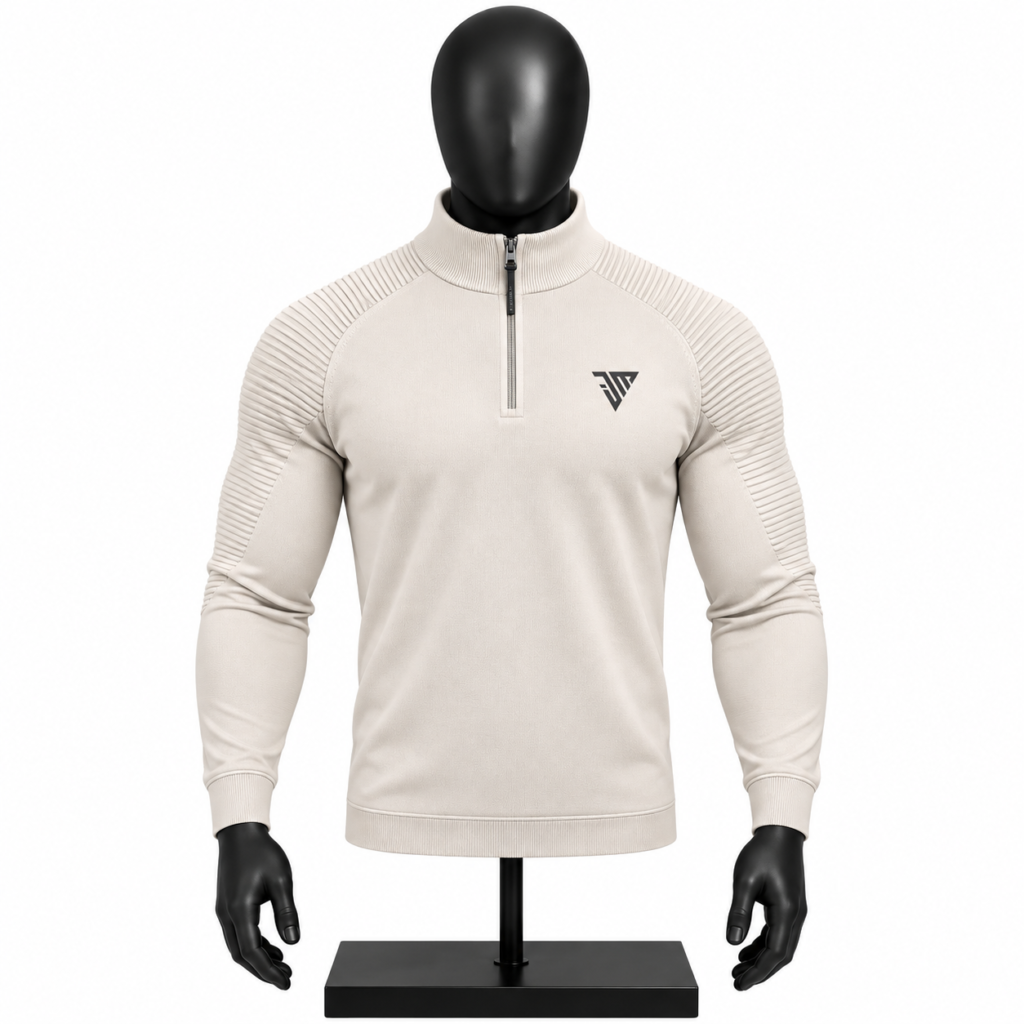 Men's Cream Quarter Zip Pullover size chart with chest length and sleeve measurements