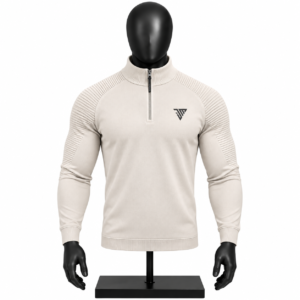 Men's Cream Quarter Zip Pullover size chart with chest length and sleeve measurements