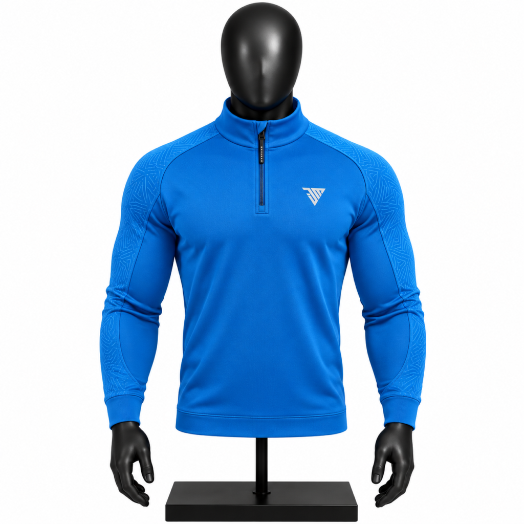 Men's Blue Quarter Zip Pullover size chart with chest waist length and sleeve measurements
