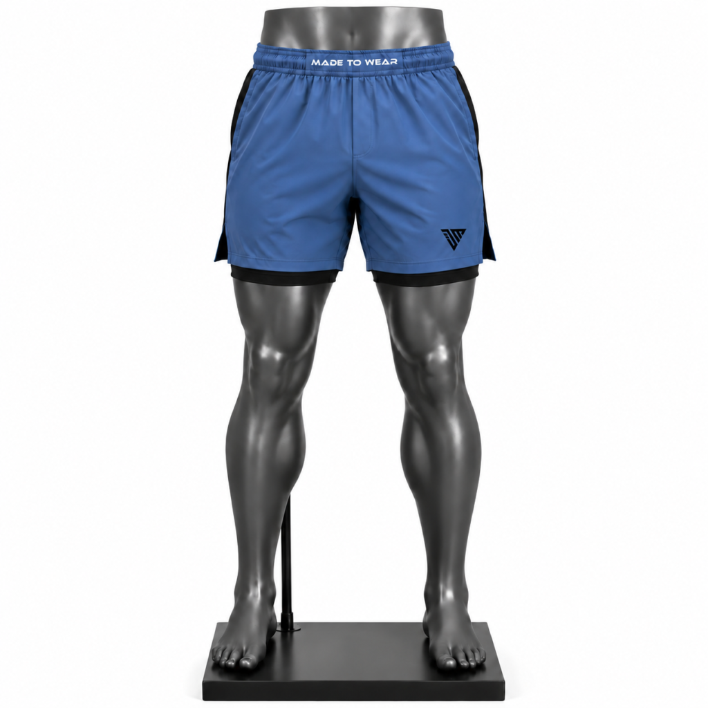 Men's Blue 2 in 1 Shorts with black inner layer and elastic waistband